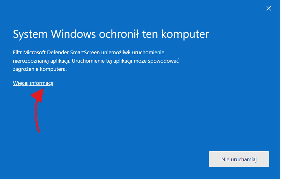 Niebieski ekran systemu Windows z nagłówkiem System Windows ochronił ten komputer, odnośnikiem Więcej informacji i przyciskiem Nie uruchamiaj