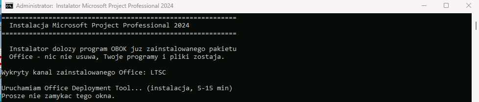 Okno instalatora Microsoft Project — trwa instalacja, poczekaj