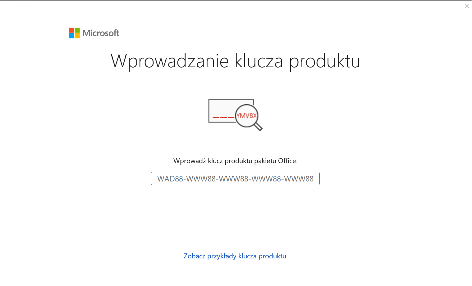 Okno „Wprowadzanie klucza produktu” — wpisz 25-znakowy klucz z e-maila