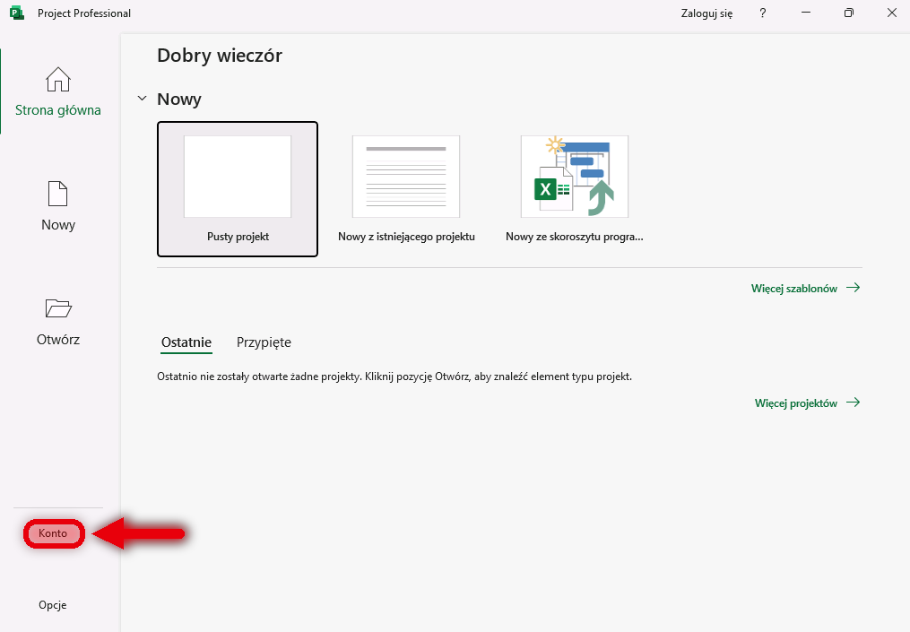 Ekran startowy Microsoft Project — kliknij Konto w lewym dolnym rogu