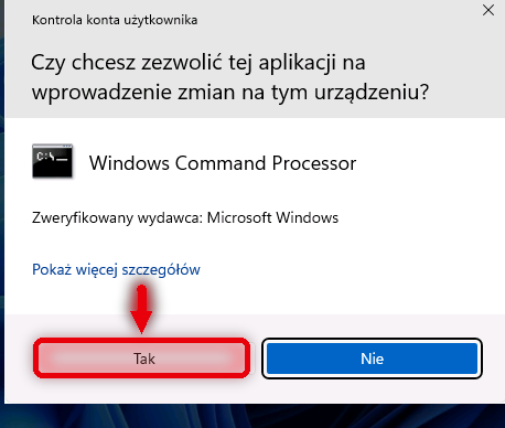 Okno „Kontrola konta użytkownika” — kliknij przycisk Tak po lewej stronie