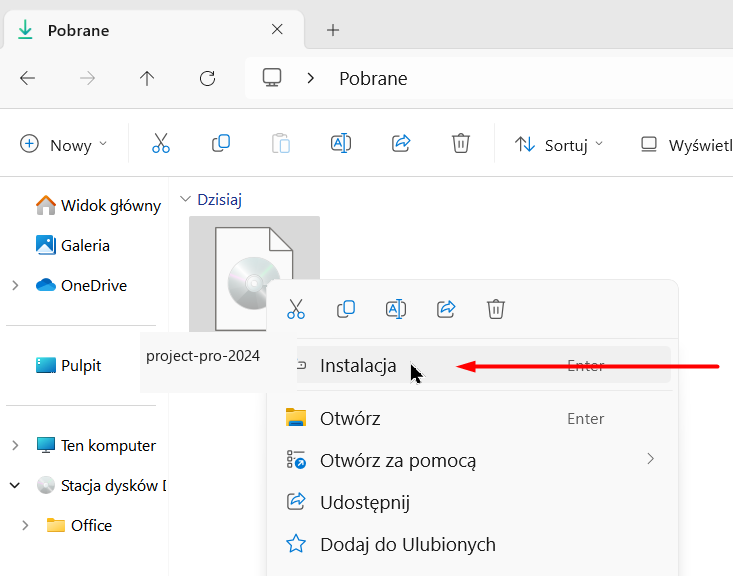 Menu prawego przycisku myszy na pliku instalacyjnym — kliknij Instalacja