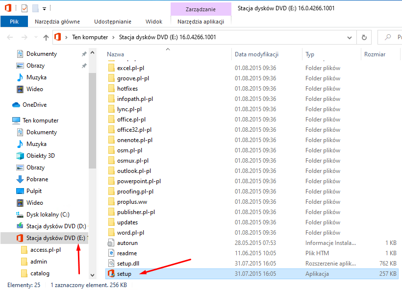 Zawartość napędu instalacyjnego — kliknij dwukrotnie plik setup