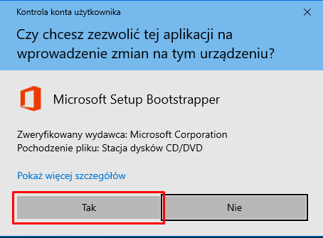Okno Kontrola konta użytkownika — Microsoft Setup Bootstrapper, kliknij Tak