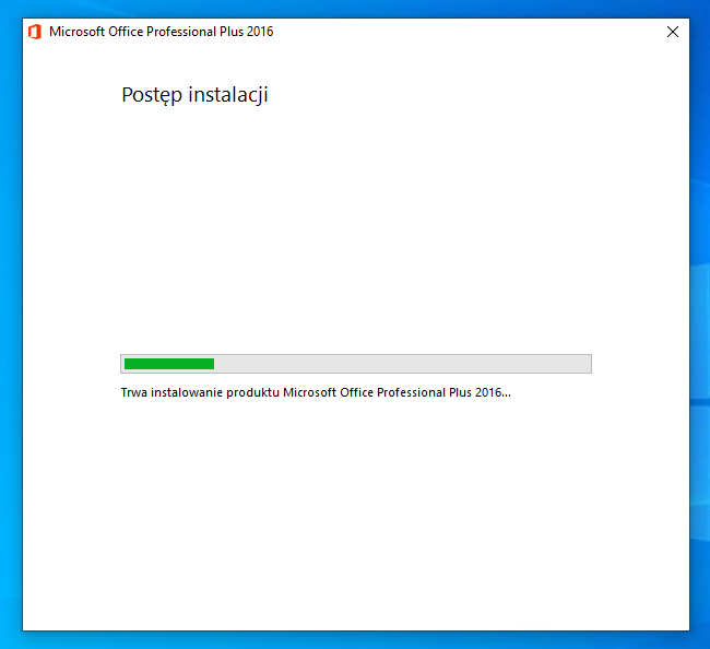 Okno Postęp instalacji Microsoft Office Professional Plus 2016