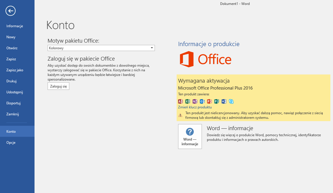 Ekran Konto — Wymagana aktywacja Microsoft Office Professional Plus 2016, kliknij Zmień klucz produktu