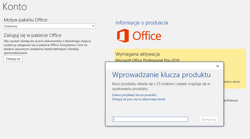 Okno Wprowadzanie klucza produktu Office 2016 — wpisz 25-znakowy klucz z e-maila