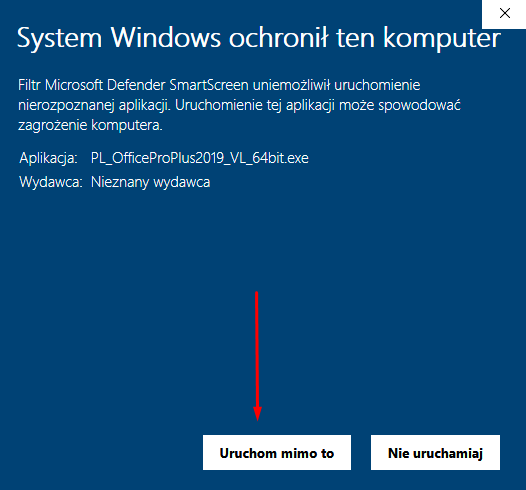 Ekran SmartScreen po rozwinięciu — kliknij Uruchom mimo to