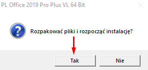 Pytanie Rozpakować pliki i rozpocząć instalację — kliknij Tak