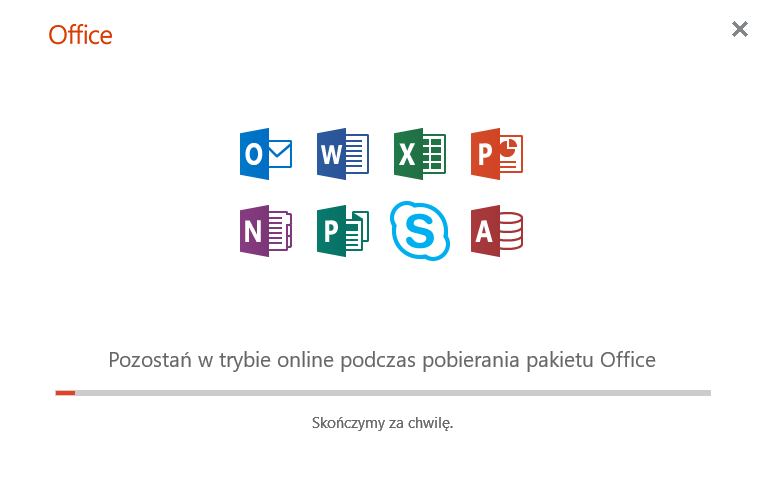 Okno Pozostań w trybie online podczas pobierania pakietu Office