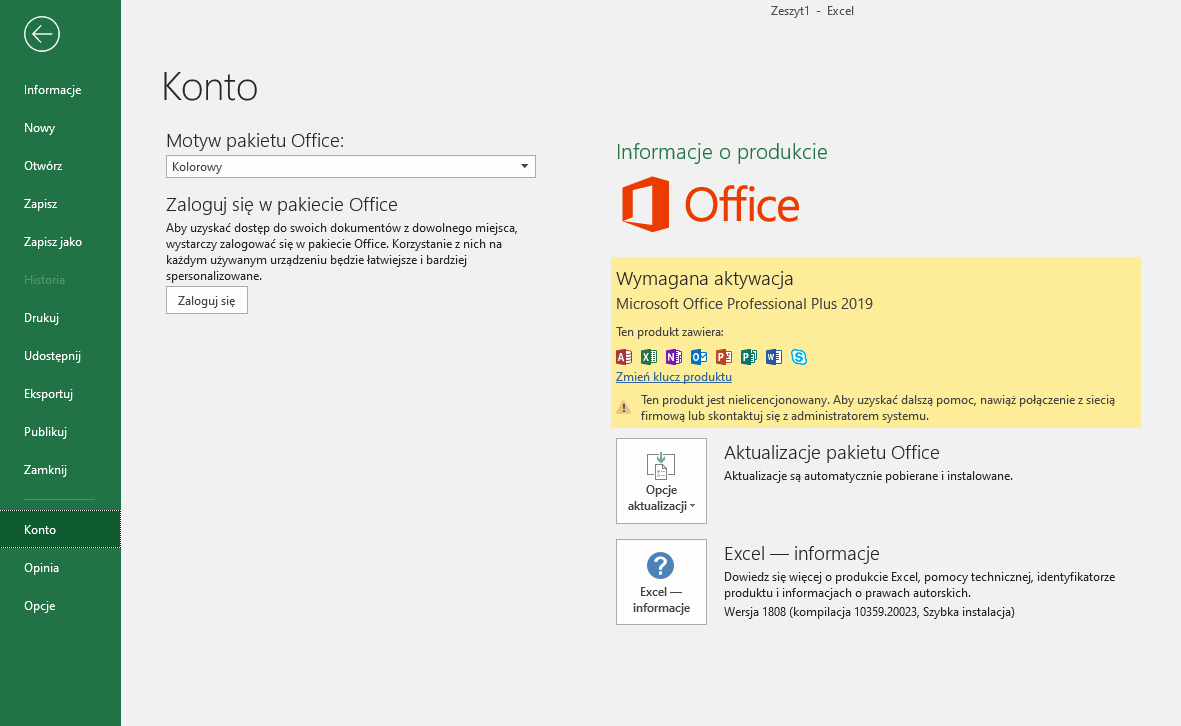 Ekran Konto — Wymagana aktywacja Microsoft Office Professional Plus 2019, kliknij Zmień klucz produktu