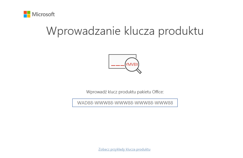 Okno Wprowadzanie klucza produktu — wpisz 25-znakowy klucz z e-maila