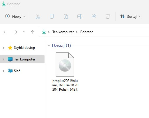 Folder Pobrane z pobranym plikiem instalacyjnym Microsoft Office 2021