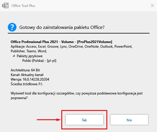 Okno Gotowy do zainstalowania pakietu Office — kliknij Tak