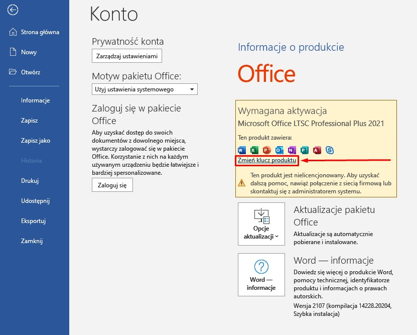 Ekran Konto w programie Word — kliknij Zmień klucz produktu