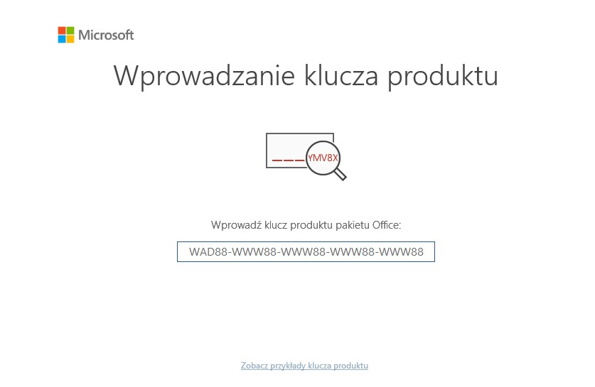 Okno Wprowadzanie klucza produktu — wpisz 25-znakowy klucz z e-maila