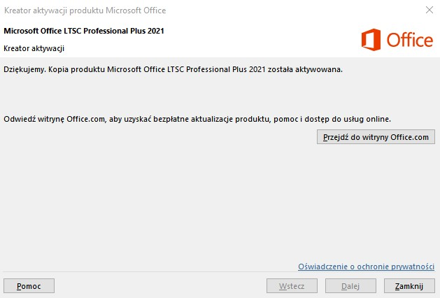 Kreator aktywacji — kopia produktu Microsoft Office została aktywowana