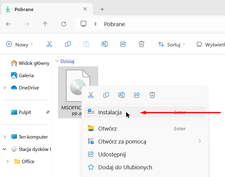 Menu prawego przycisku myszy na pliku instalacyjnym — kliknij Instalacja