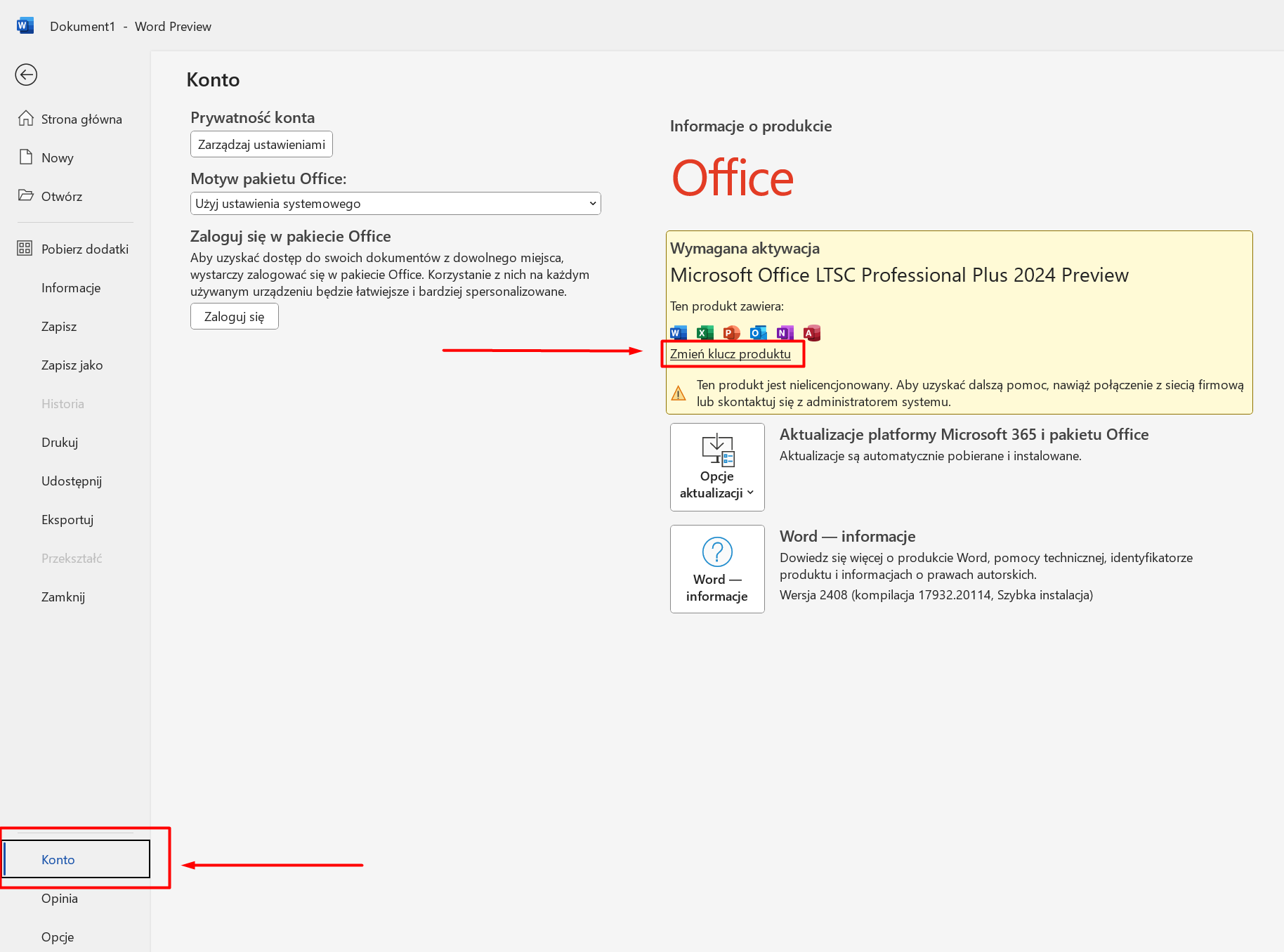 Ekran Konto w programie Word — kliknij Zmień klucz produktu