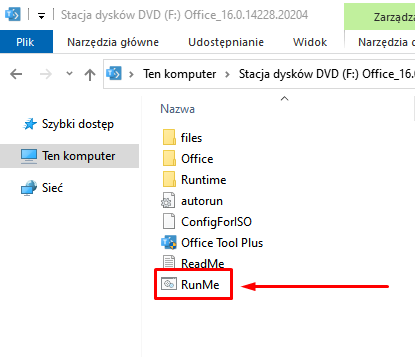Zawartość napędu instalacyjnego — kliknij dwukrotnie plik RunMe