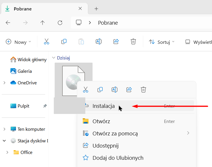 Menu prawego przycisku myszy na pliku instalacyjnym — kliknij Instalacja