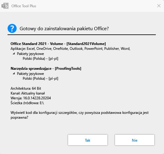 Okno Gotowy do zainstalowania pakietu Office — kliknij Tak