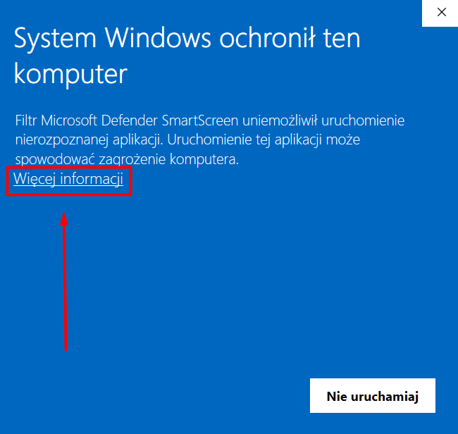 Ekran „System Windows ochronił ten komputer” — kliknij Więcej informacji
