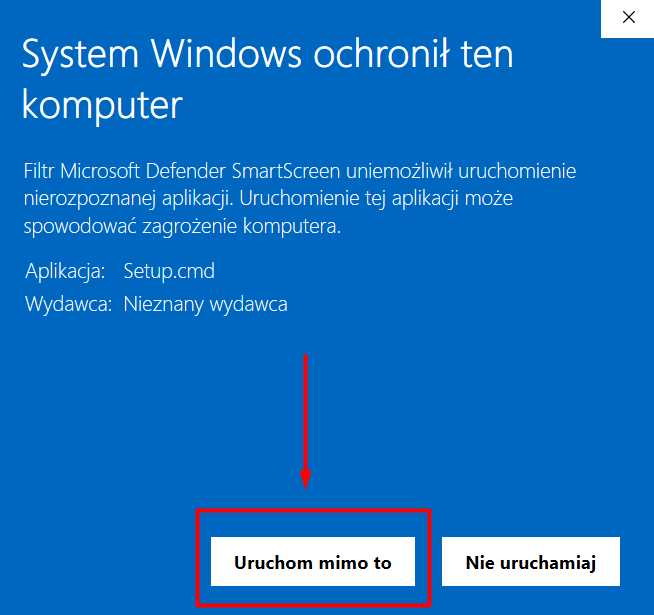 Ekran SmartScreen po rozwinięciu — kliknij Uruchom mimo to