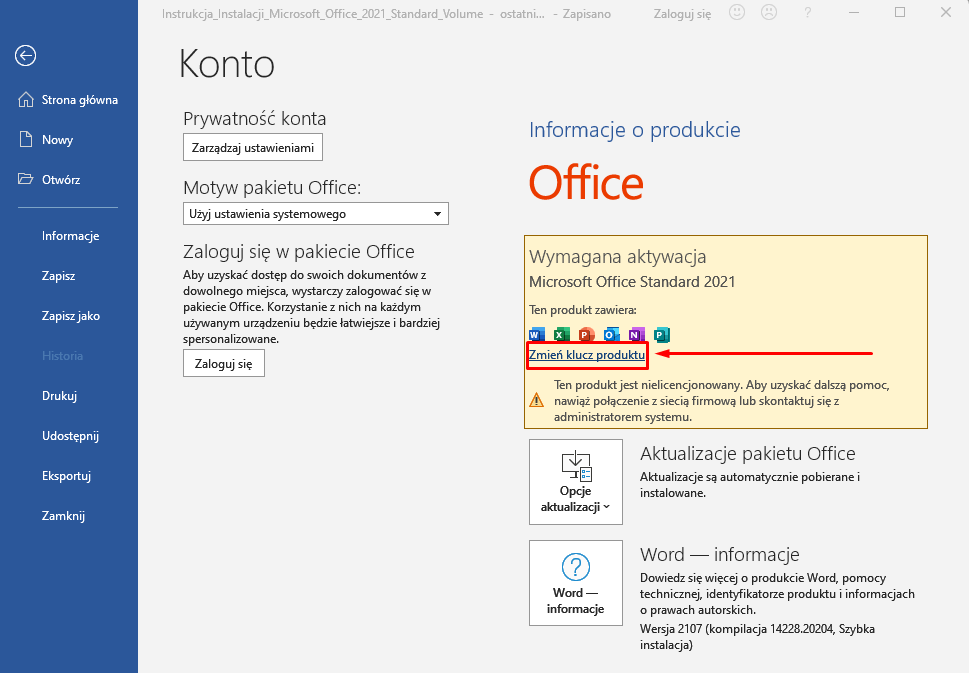Ekran Konto w programie Word — kliknij Zmień klucz produktu