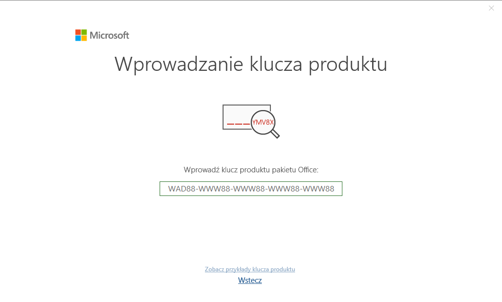Okno Wprowadzanie klucza produktu — wpisz 25-znakowy klucz z e-maila