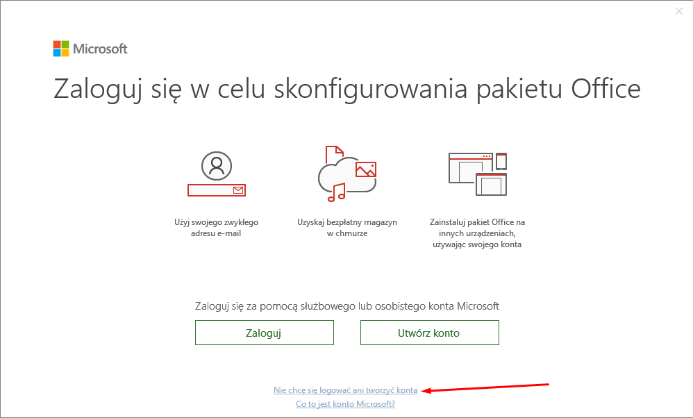 Okno logowania Microsoft — kliknij na dole Nie chcę się logować ani tworzyć konta