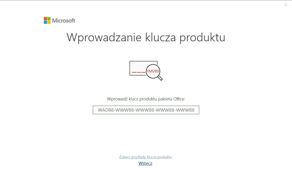 Okno Wprowadzanie klucza produktu — wpisz 25-znakowy klucz z e-maila