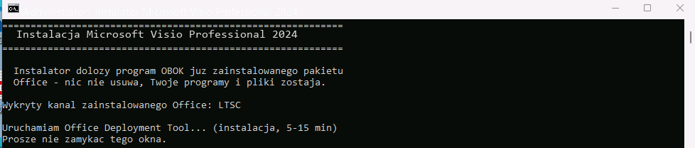 Okno instalatora Microsoft Visio — trwa instalacja, poczekaj