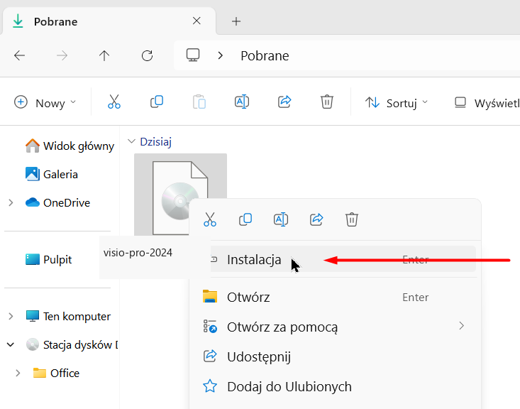 Menu prawego przycisku myszy na pliku instalacyjnym — kliknij Instalacja