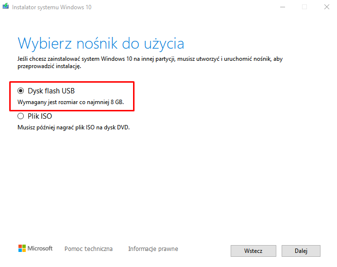 Wybierz nośnik do użycia — zaznacz Dysk flash USB i kliknij Dalej