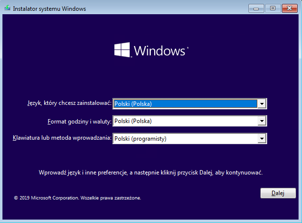 Instalator systemu Windows — wybór języka polskiego, kliknij Dalej