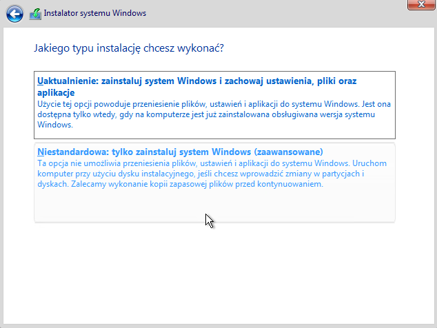 Jakiego typu instalację chcesz wykonać — wybierz Niestandardowa
