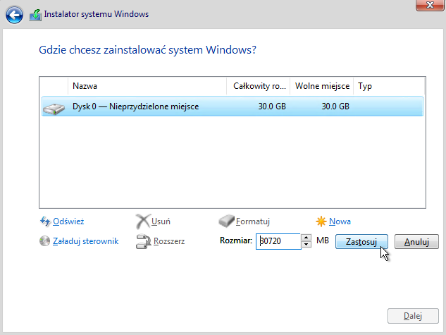 Gdzie chcesz zainstalować system Windows — wybór dysku