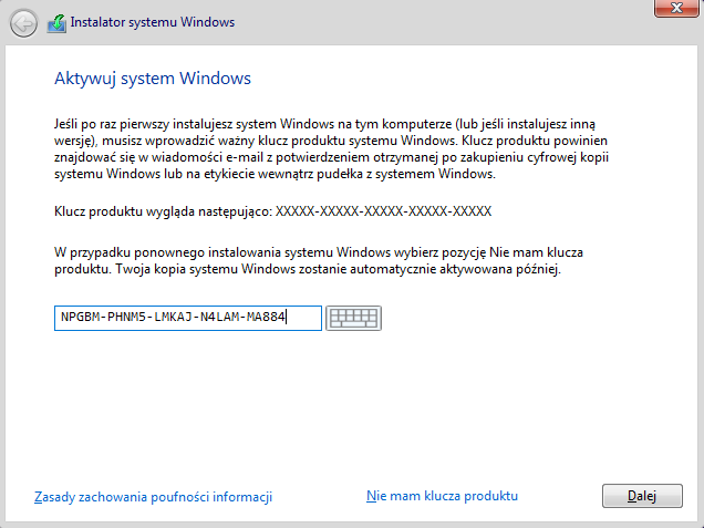 Ekran Aktywuj system Windows — wpisz 25-znakowy klucz produktu